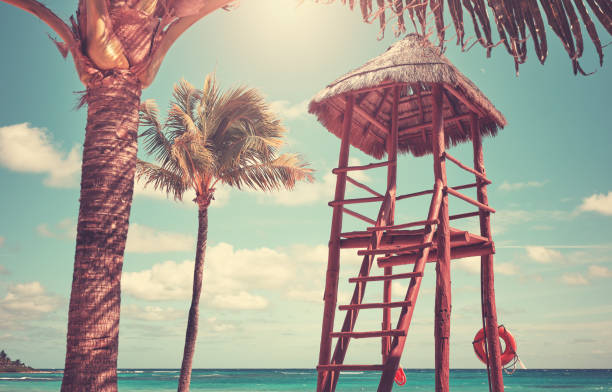 A beach hut with a straw roof sits on the beach. The hut is empty and the beach is calm