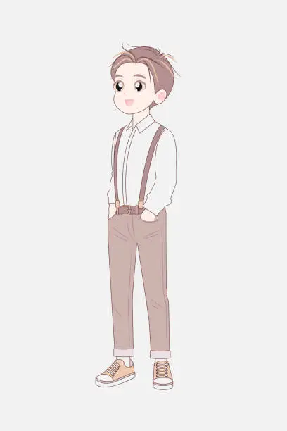 Vector illustration of Korean anime style boy full length standing. Asian teenage character.