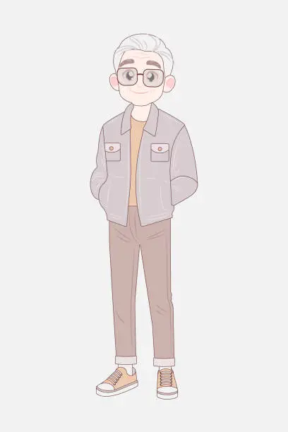 Vector illustration of Korean senior man full length standing. Elderly asian male character.