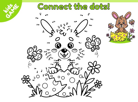 Dot to dot Easter kids game. Connect the dots by numbers, draw the cartoon rabbit hatched from egg. Happy hare in cracked egg. Educational riddle for children. Vector design on spring holiday theme.