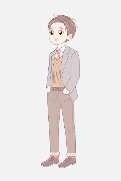 Vector illustration of Korean adult man full length standing. Asian anime cartoon character.