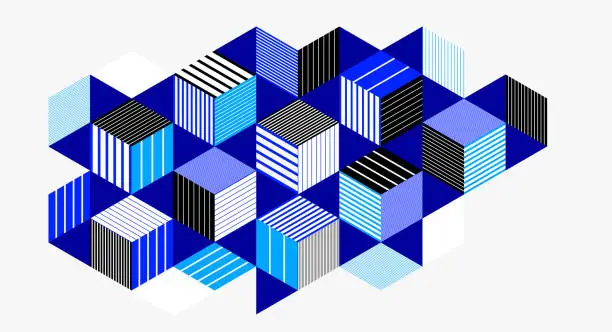 Vector illustration of Abstract vector wallpaper with 3D isometric cubes blocks, geometric construction with blocks shapes and forms, op art low poly theme.