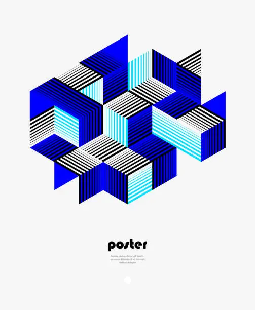 Vector illustration of Blue vector abstract geometric background with cubes and different rhythmic shapes, isometric 3D abstraction art displaying city buildings forms look like, op art.