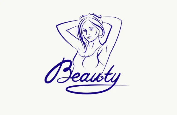 Vector illustration of Emblem for a beauty studio or cosmetology clinic or cosmetics brand, vector illustration of a beauty woman face with Beauty work handwritten lettering, classic style logo.