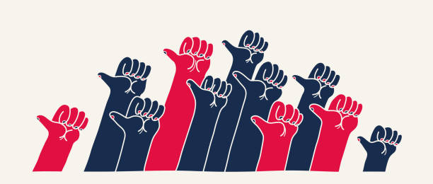 istock Raised hands with like thumb up button, vector illustration of a group of people showing thumb up gesture, social assessment of society concept. 2055958681