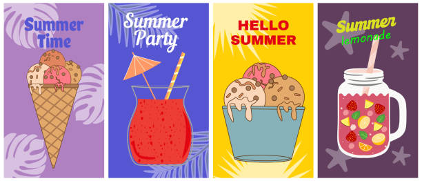 illustrations, cliparts, dessins animés et icônes de ensemble de flyers d’été, de cartes sur des thèmes tropicaux, de boissons aux fruits et de glaces. - retro revival lemonade stand old fashioned lemonade