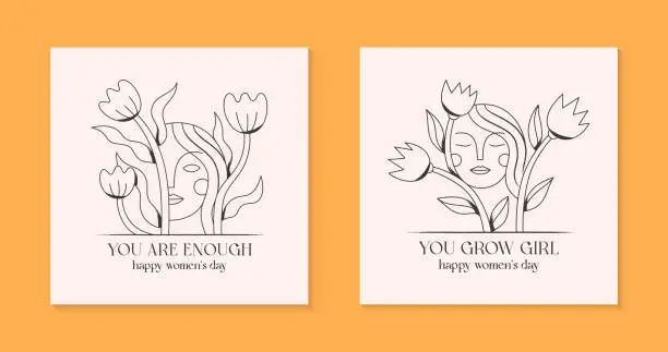 Vector illustration of Girly vector illustrations with woman faces.Women's day greetings