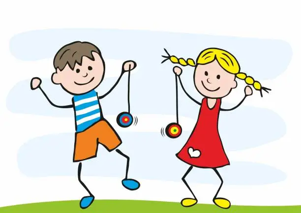 Vector illustration of Group two children, boy and girl with yo yo, toys, vector image, eps.