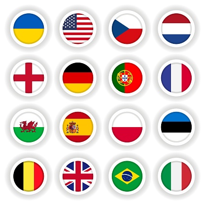 Set of flags round 3D buttons of different countries.