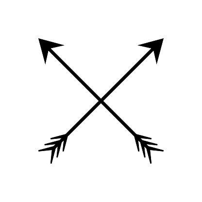 Two black arrows crossed over each other, forming an X shape. Crossed black arrows emblem. Symbol of conflict and intersection. Vector illustration. EPS 10. Stock image.
