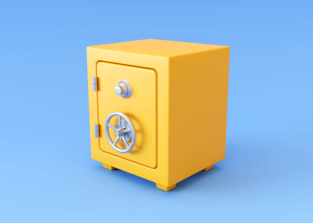 cassetta di sicurezza su sfondo blu. concetto di archiviazione sicura - coin bank cash box safety deposit box lock foto e immagini stock