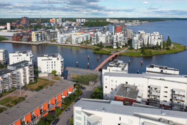 Aerial view of modern apartment buildings by lake Mälaren in Västerås in the Västmanland province of Sweden.