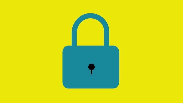 Blue padlock icon centered animated on a bright yellow background.