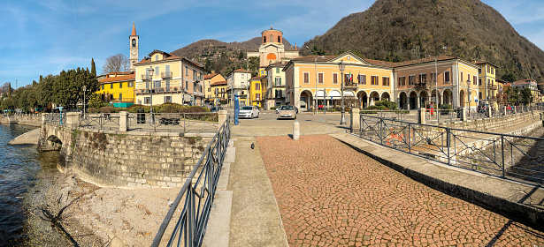 Panorama of Laveno Mombello town, situated on the shore of Lake Maggiore in province of Varese, Lombardy, Italy