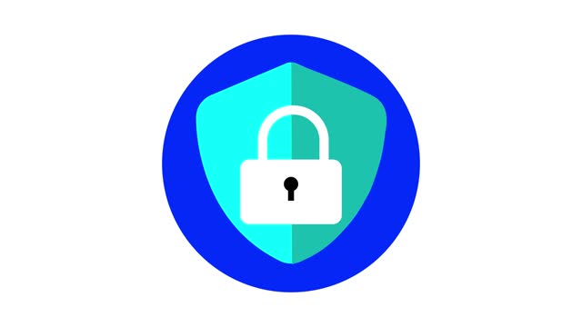 Digital security concept with a padlock icon inside a shield animated on white background.