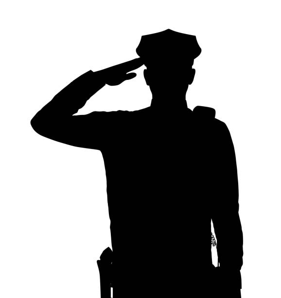 Silhouette of policeman saluting on white