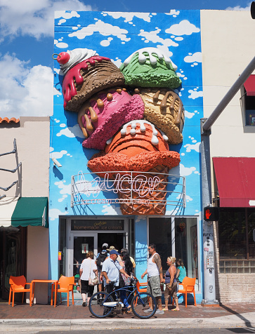 Miami, Florida - 10-21-2018: Azucar ice cream store on Calle Ocho - Eighth Street in Little Havana district on sunny autumn day.