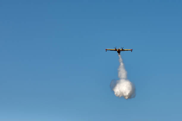 A fire bomber aircraft dropping foam on a bush fire