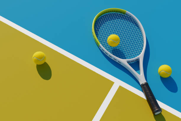 istock Tennis racket and balls on the court. 3d rendering 2056030121