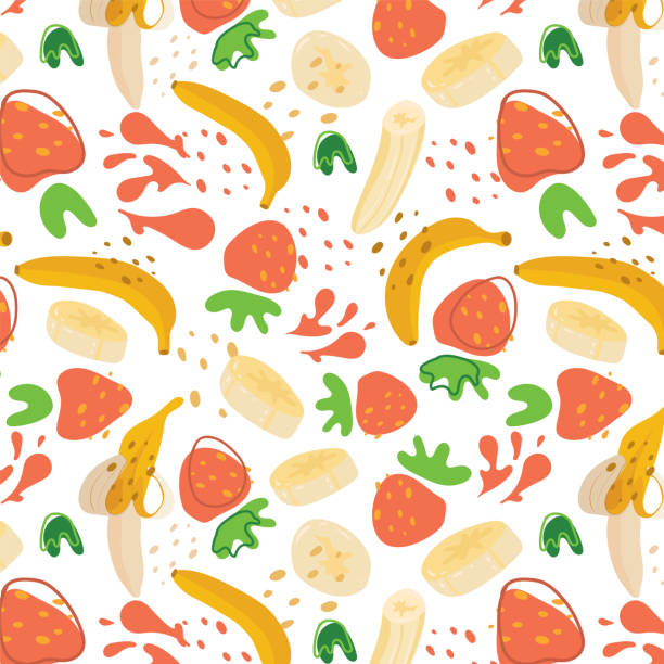 ilustraciones, imágenes clip art, dibujos animados e iconos de stock de patrón abstracto de fresa y plátano en estilo plano. patrón fresco sin costuras. impresión de verano. - backgrounds banana berry fruit blended drink