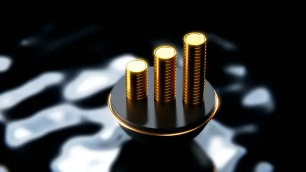 Three rows of gold coins stacked next to each other. The gold coins stands on a platform that hovers over dark water.