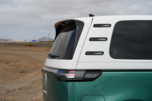 Puerto del Rosario, Fuerteventura, Canary Islands, Spain, February 24, 2024 - Side detail of a Volkswagen ID. Buzz electric van