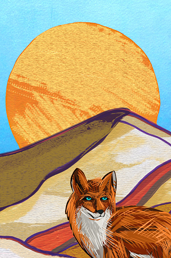 Illustrated fox looking somewhere in the distance with a sunset behind her