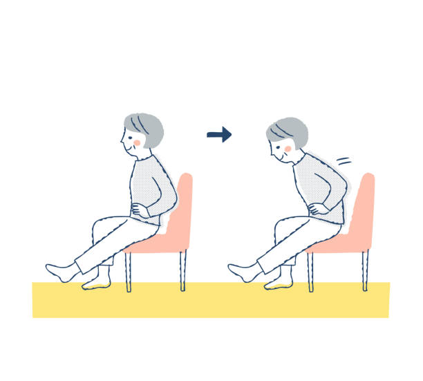 ilustrações, clipart, desenhos animados e ícones de mulher sênior sentada em uma cadeira e esticando as pernas - aging process women human age profile