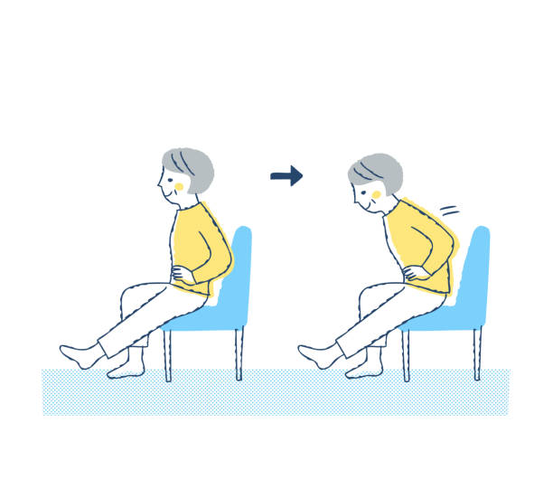 ilustrações, clipart, desenhos animados e ícones de mulher sênior sentada em uma cadeira e esticando as pernas - aging process women human age profile