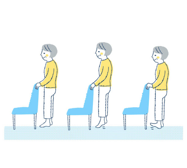ilustrações, clipart, desenhos animados e ícones de a senior woman holding onto a chair and lifting and lowering her heels - aging process women human age profile