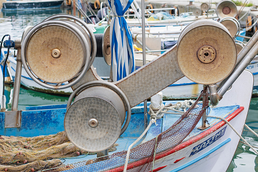 Platamon, Greece,  - September 21, 2023: Fishing boat in harbor in Platamons, Greece