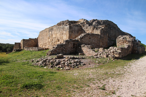 Barletta, Province of Barletta-Andria-Trani, Italy - 3 march 2024: the remains of the walls of the Aragonese castle of the citadel of Canne della Battaglia.