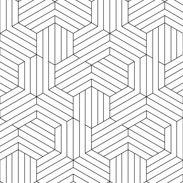 Vector illustration of Outlines of striped halved gradient hexagons in honeycomb pattern