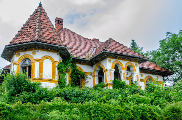 Brasov, Romania, - June 15, 2023: Abandoned house in the city of Brasov overgrown with vegetation. The owners of these houses left Romania or died without heirs in the country.