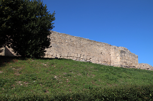 Barletta, Province of Barletta-Andria-Trani, Italy - 3 march 2024: the remains of the walls of the Aragonese castle of the citadel of Canne della Battaglia.