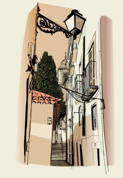 Vector illustration of Traditional street in  Lisbon, Portugal