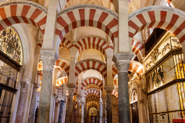 interior of the great mosque-cathedral, also called the mezquita in cordoba, andalusia, spain - striped andalusia arch architecture 뉴스 사진 이미지