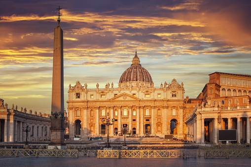 Rome, Italy - September 28, 2023: St. Peter's Basilica with a beautiful sunrise sky, Vatican City, Rome, Italy.