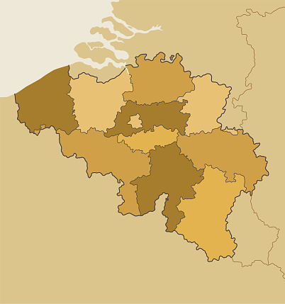 High detailed Belgium map with Regions and national borders of Netherlands, Germany, Luxembourg, France