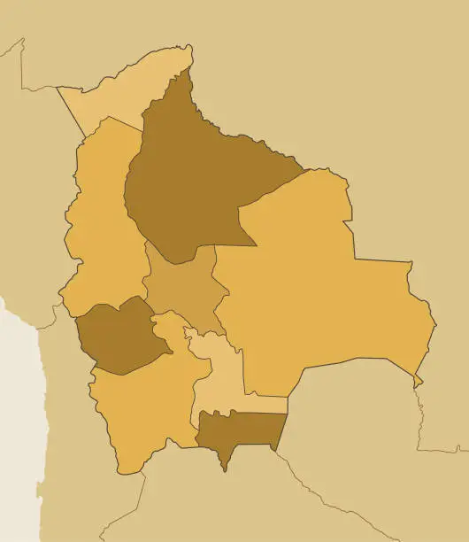 Vector illustration of Bolivia Map with Regions and national borders of  Peru, Brazil, Argentina, Chile