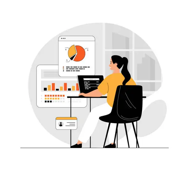 Vector illustration of Virtual finance. Online paying, financial transactions, accounting research. Woman analysis of statistics and graphs. Illustration with people scene in flat design for website and mobile development.