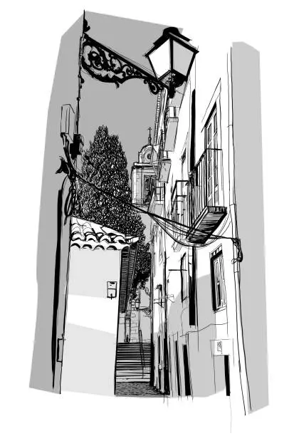 Vector illustration of Traditional street in  Lisbon, Portugal