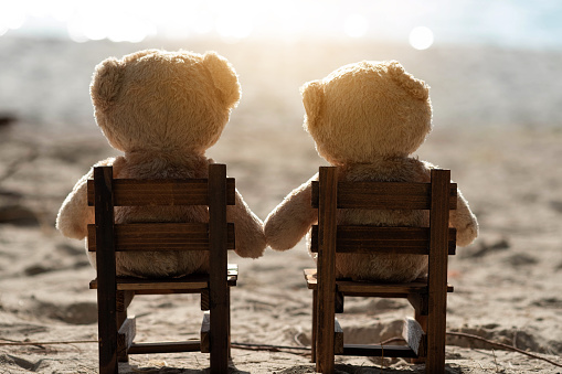 Two Teddy bear sit on wooden chair with sea view. Love and relationship concept. Beautiful white sandy beach in the summer.