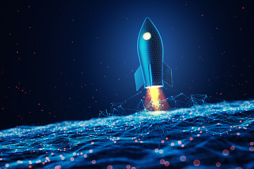 Abstract 3d rocket launch signifies the initiation and progress of startups, emerging cryptocurrencies, and new business establishments, representing the concept of growth and the potential of innovative ideas.
