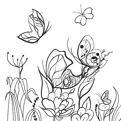 Illustration of a black and white coloring page with butterflies and flowers isolated on a white background