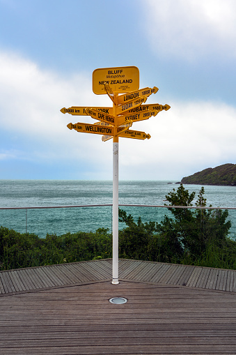 A signpost at Bluff, New Zealand, provides distances to several major cities around the world, set against a coastal backdrop.