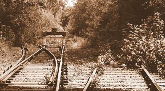 This photo was shot in early September 2023, in the outskirts of Dusseldorf, Germany, and depicts in a rather surrealistic way, an old, deactivated industrial railway. The picture has been optimized for backgrounds mainly, but not only.