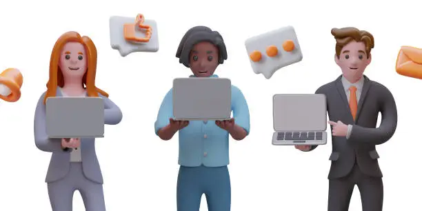 Vector illustration of Office workers at work. Vector characters showing unbranded gadgets