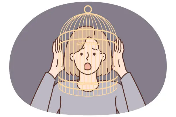 Vector illustration of Girl with cage on head screams having fallen into mental trap negatively affects psychological state