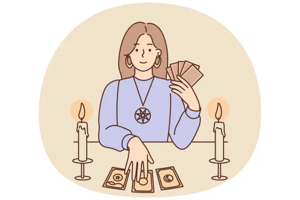 Vector illustration of Woman with Tarot cards in form of witch sits at table and predicts future being fortune teller